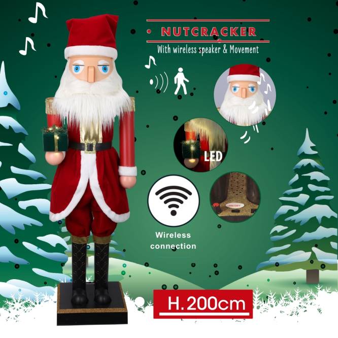 Spargator de nuci Mos Craciun, animat, muzical si iluminat cu leduri, 200 cm