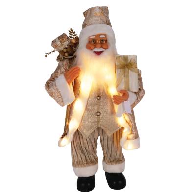 Decoratiune Mos Craciun crem cu alb si auriu, iluminat LED, 80 cm