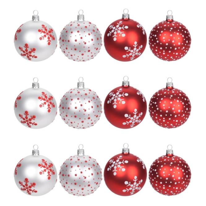 Set 12 globuri din sticla, albe si rosii, cu fulgi de nea, 8 cm