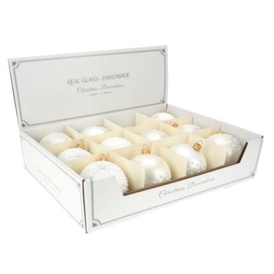 Set 12 globuri din sticla alba opal cu model fulg de zapada 8 cm