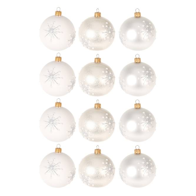 Set 12 globuri din sticla alba opal cu model fulg de zapada 8 cm
