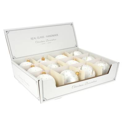 Set 12 globuri din sticla alba cu model peisaj iarna cu copaci 8 cm