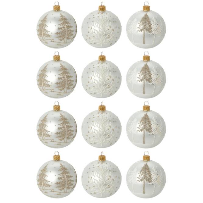Set 12 globuri din sticla, albe opal cu sclipici auriu si argintiu, diametru 8 cm