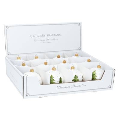 Set 12 globuri din sticla alba cu model brazi de Craciun 8 cm