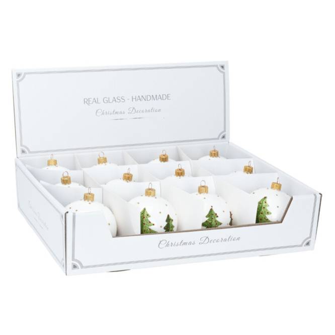 Set 12 globuri din sticla alba cu model brazi de Craciun 8 cm