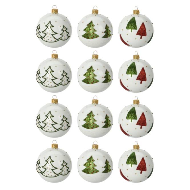 Set 12 globuri din sticla alba cu model brazi de Craciun 8 cm