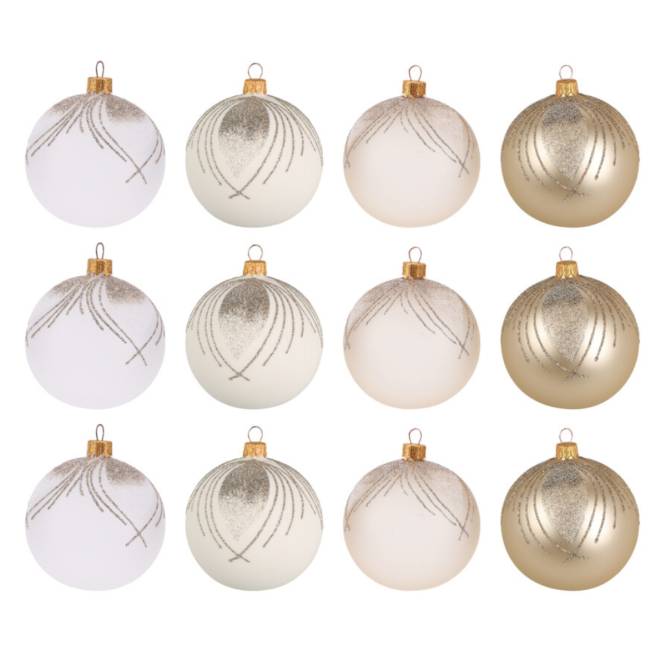 Set 12 globuri din sticla, albe si aurii cu sclipici, 8 cm