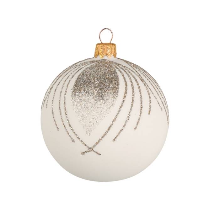 Set 12 globuri din sticla, albe si aurii cu sclipici, 8 cm