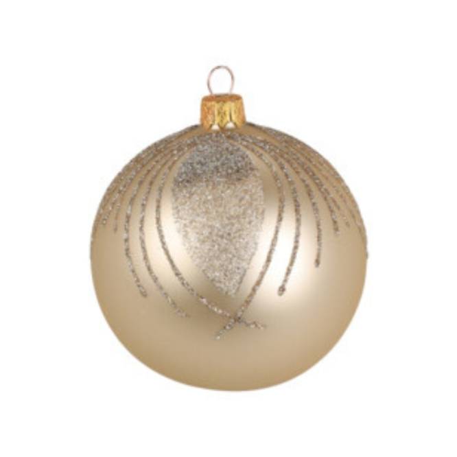 Set 12 globuri din sticla, albe si aurii cu sclipici, 8 cm
