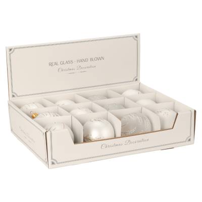 Set 12 globuri din sticla alba perlat cu model crengute de iarna 8 cm