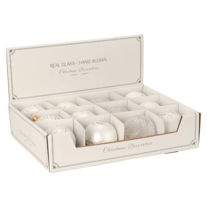 Set 12 globuri din sticla alba perlat cu model crengute de iarna 8 cm