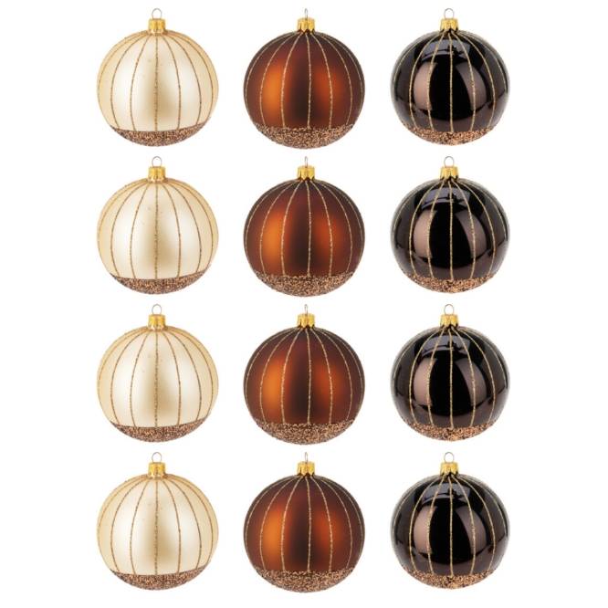Set 12 globuri din sticla, maro si crem cu sclipici aramiu, diametru 8 cm
