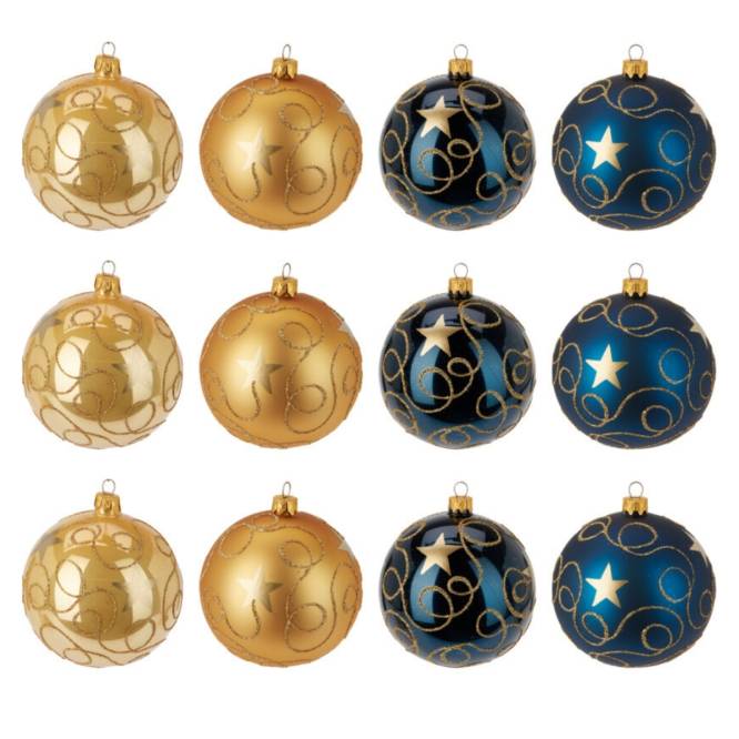 Set 12 globuri din sticla, aurii si albastre cu sclipici auriu, diametru 8 cm