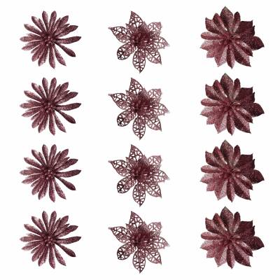 Set 12 Flori cu sclipici decoratiuni pentru brad 8 cm