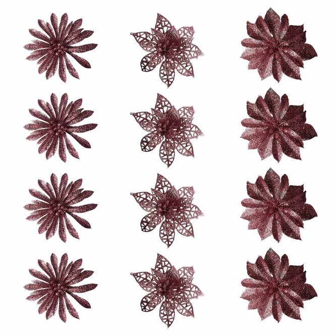 Set 12 Flori cu sclipici decoratiuni pentru brad 8 cm