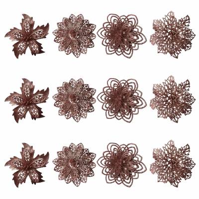 Set 12 Flori cu sclipici pentru brad 12 cm