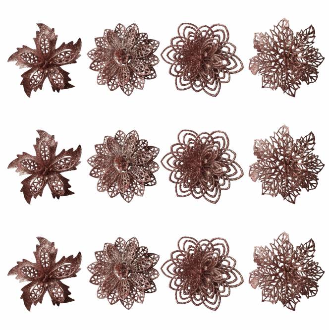 Set 12 Flori cu sclipici pentru brad 12 cm