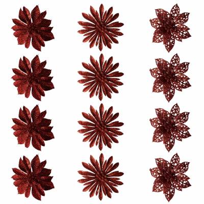 Set 12 decoratiuni pentru brad Floare cu sclipici 8 cm