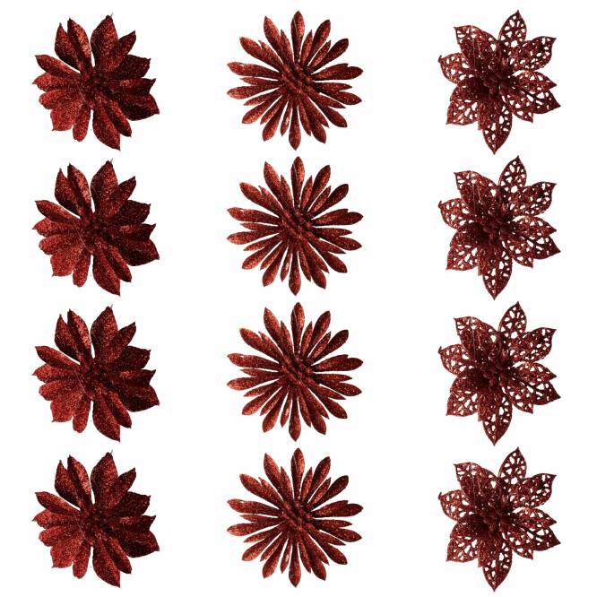 Set 12 decoratiuni pentru brad Floare cu sclipici 8 cm