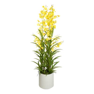 Aranjament cu orhidee artificiala Oncidium galbena in vas de plastic, 100 cm