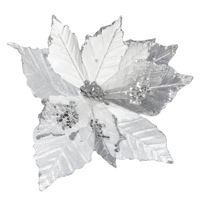 Decoratiune brad floare alba cu sclipici, cu clema, 28 cm