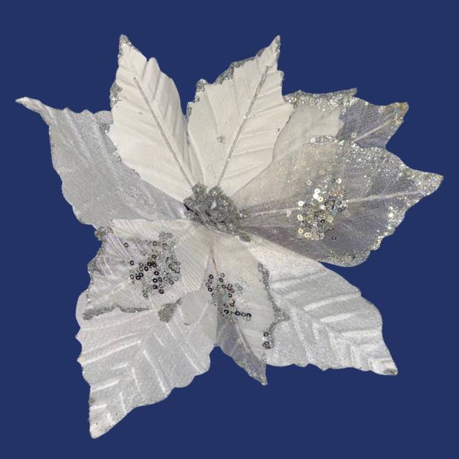 Decoratiune brad floare alba cu sclipici, cu clema, 28 cm