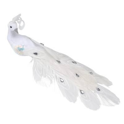 Decoratiune brad paun alb cu paiete albastre-mov, 24 cm