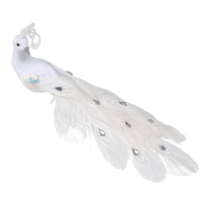 Decoratiune brad paun alb cu paiete albastre-mov, 24 cm