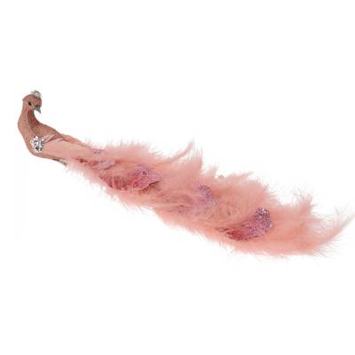 Decoratiune brad paun roz cu pene, sclipici si paiete, 24 cm