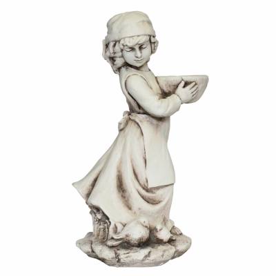 Statuie gradina din piatra Fetita cu pasari si suport de flori 64 cm
