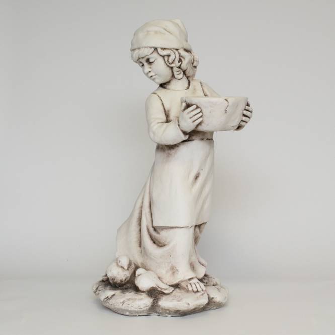 Statuie gradina din piatra Fetita cu pasari si suport de flori 64 cm