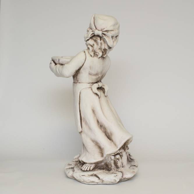 Statuie gradina din piatra Fetita cu pasari si suport de flori 64 cm