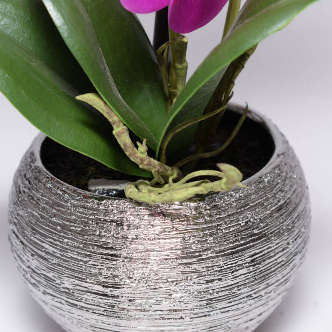 Orhidee artificiala Phalaenopsis mov cu aspect 100% natural in vas ceramic, 30 cm
