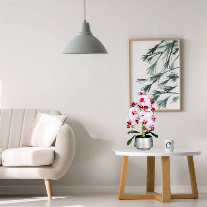 Orhidee artificiala Phalaenopsis  alb-rosu in vas ceramic, 60 cm