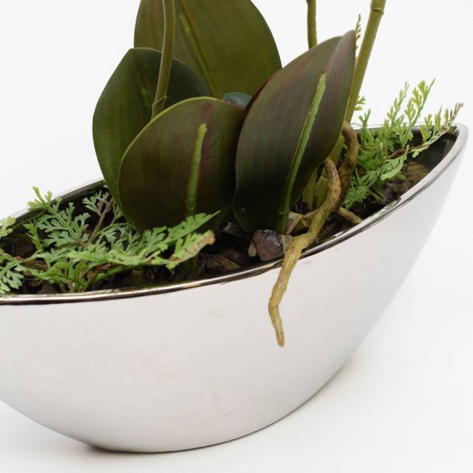 Orhidee Phalaenopsis burgundy artificiala in vas argintiu ceramic, 54 cm