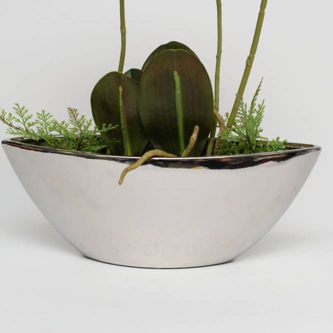 Orhidee Phalaenopsis burgundy artificiala in vas argintiu ceramic, 54 cm