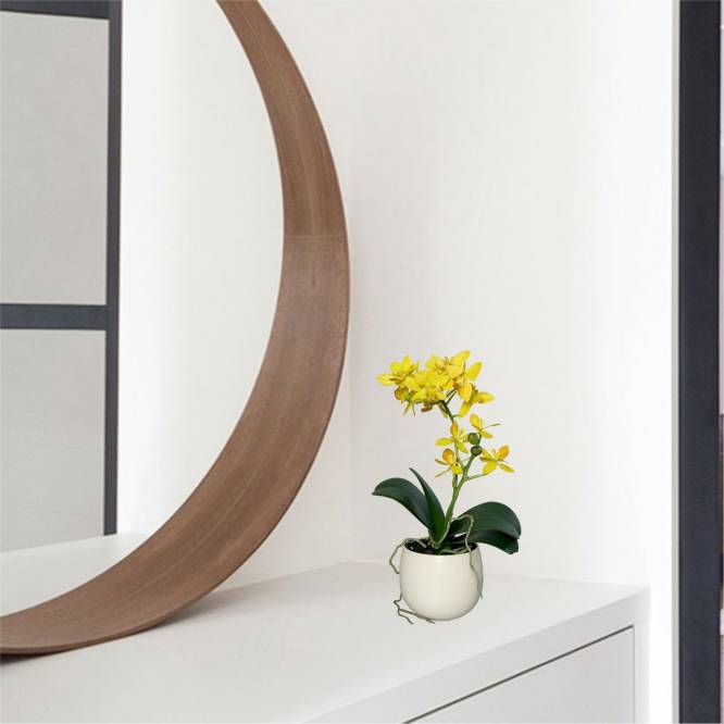 Orhidee artificiala Phalaenopsis galbena cu aspect 100% natural in vas ceramic, 34 cm